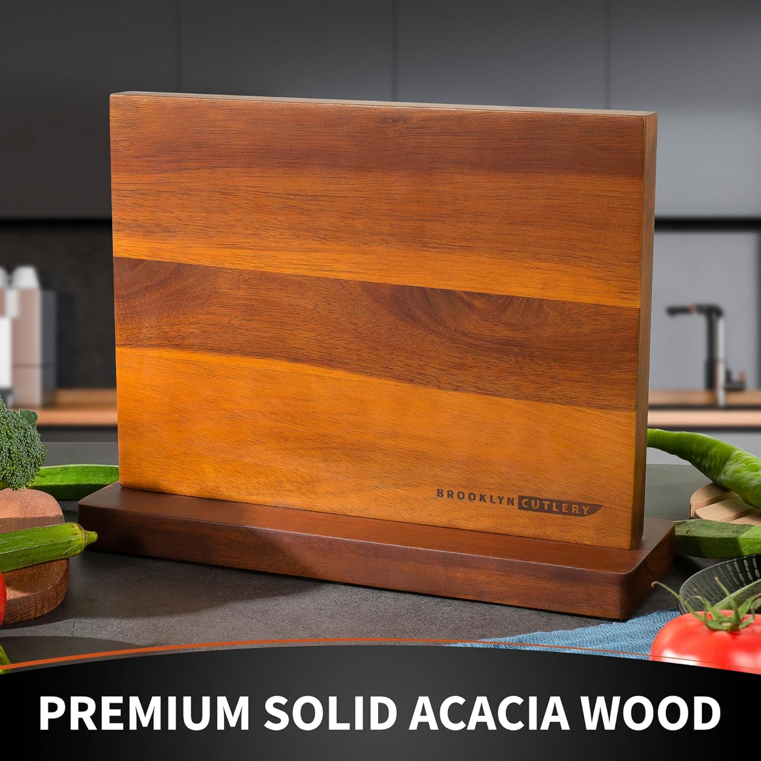 12-Piece Magnetic Acacia Wood Knife Block Durable Kitchen Gadget with 10 Knives