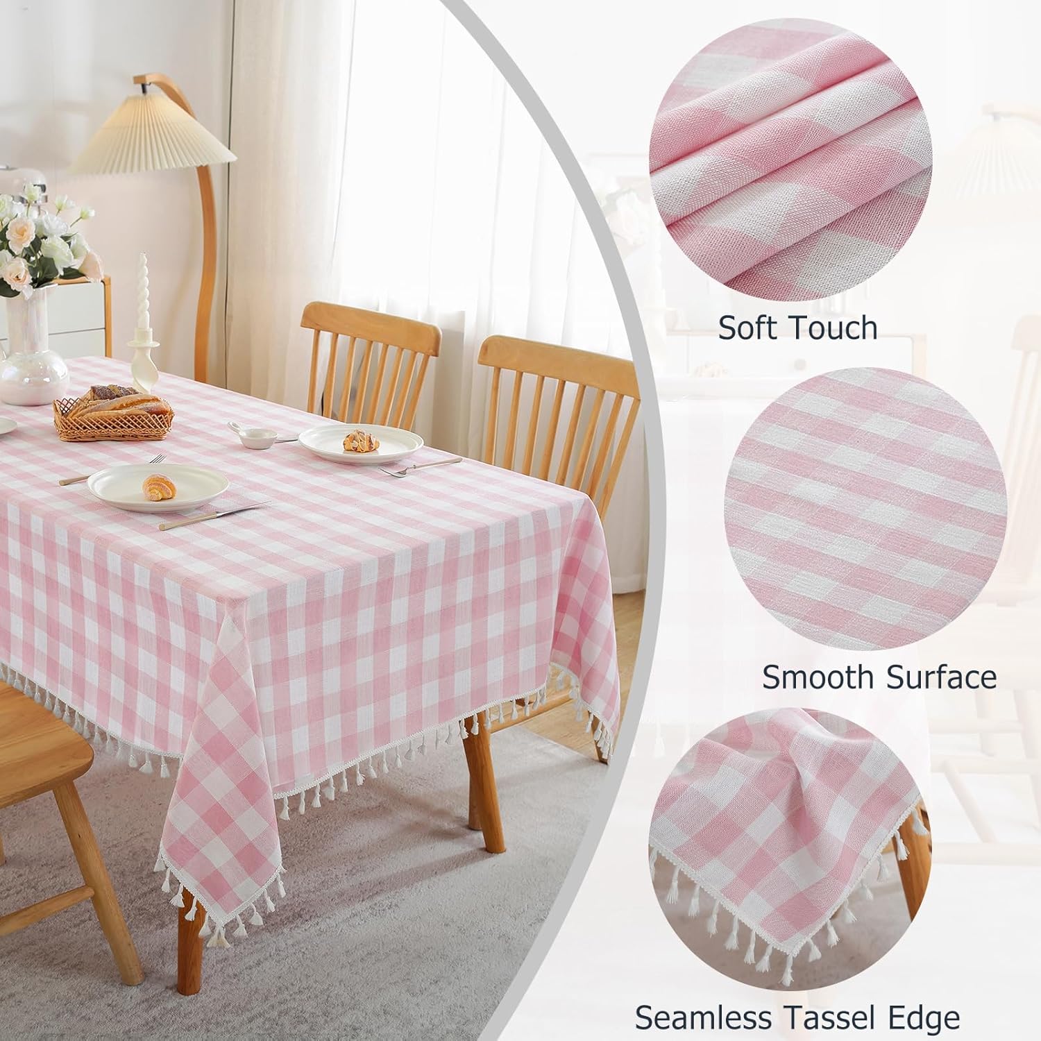 Charming Checkered TABLEcloth for Dining in Pink White with Tassels