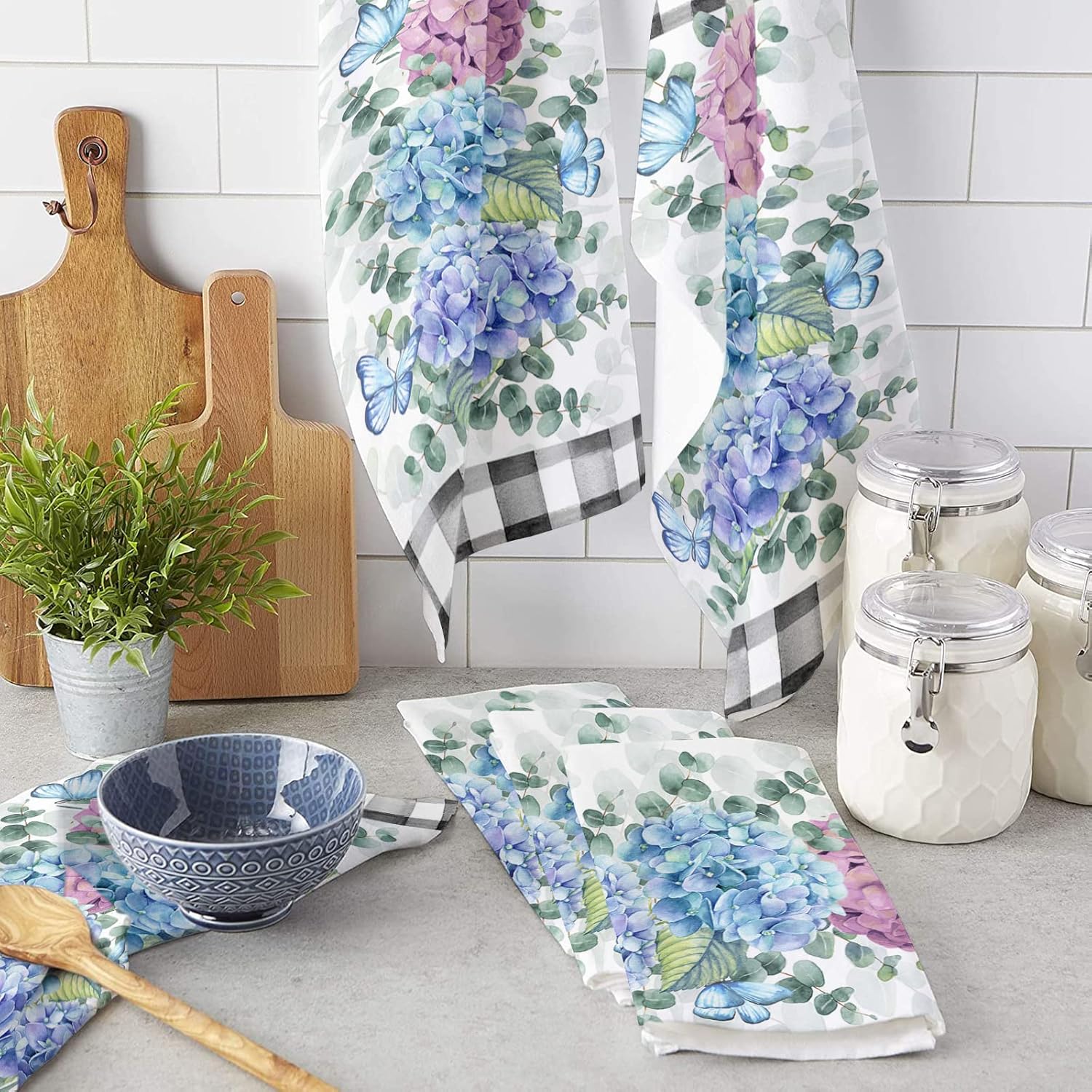 Cost-Effective Durable PlaidHydrangea Kitchen Towels Set Farmhouse Blue Purple Pink EucalyptusFeel