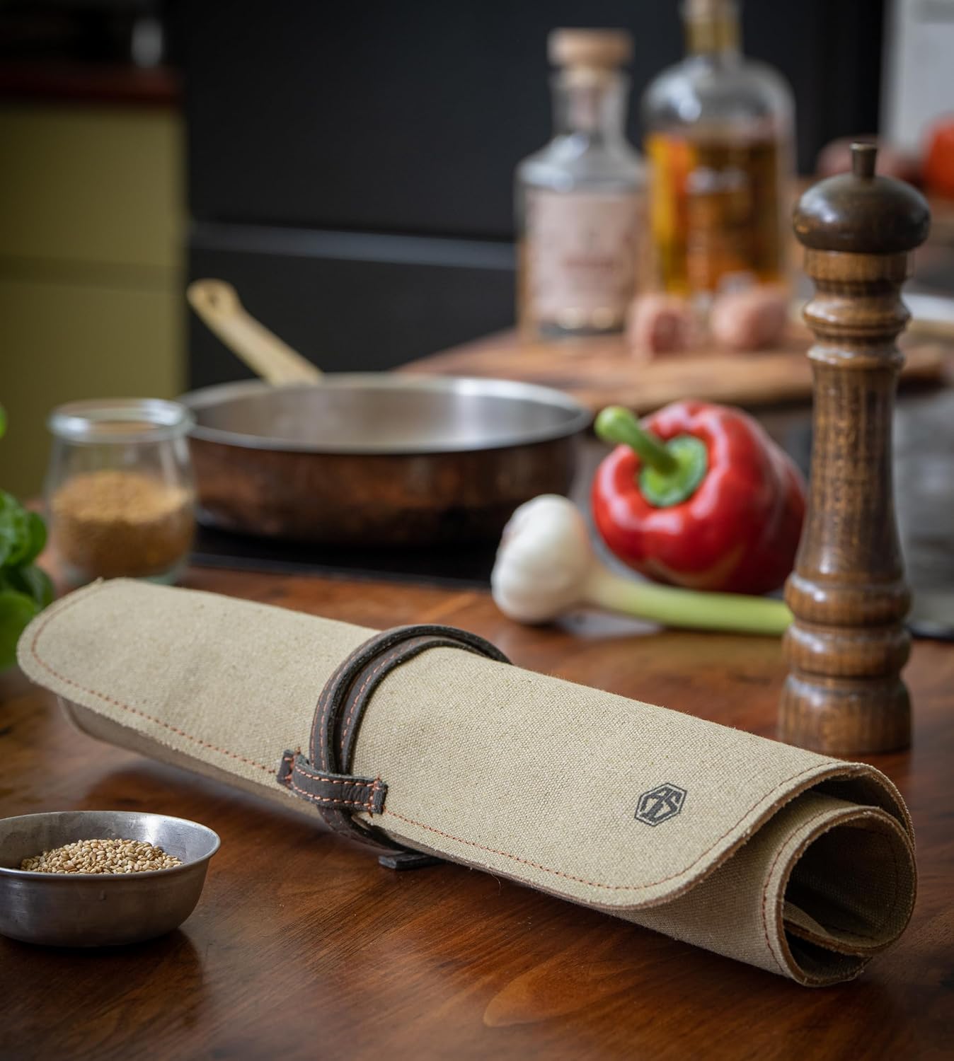 Durable Canvas Genuine Buffalo Leather Knife Bag for Cooking Camping BBQ