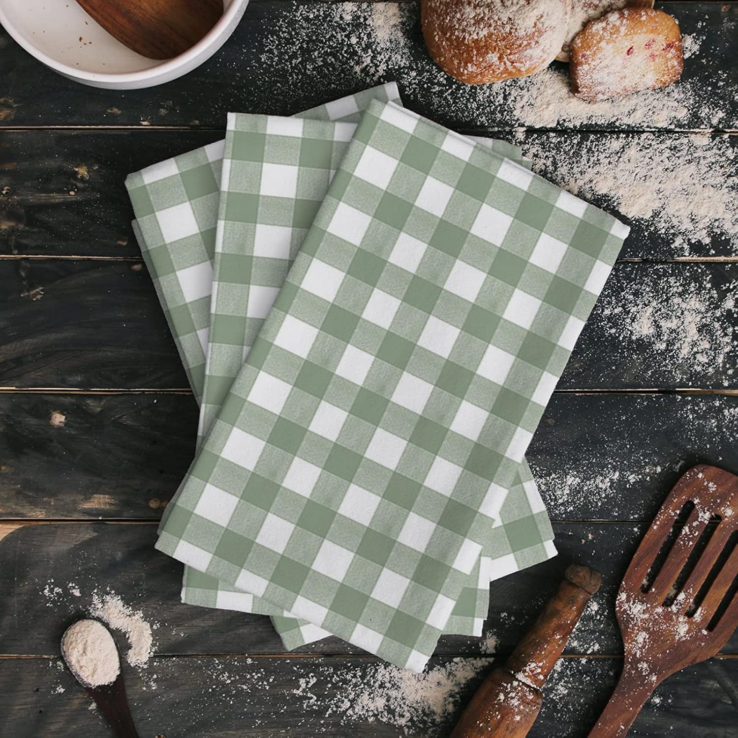 ZOE GARDEN Sage Green Kitchen Towels 18x28 Buffalo Plaid Check