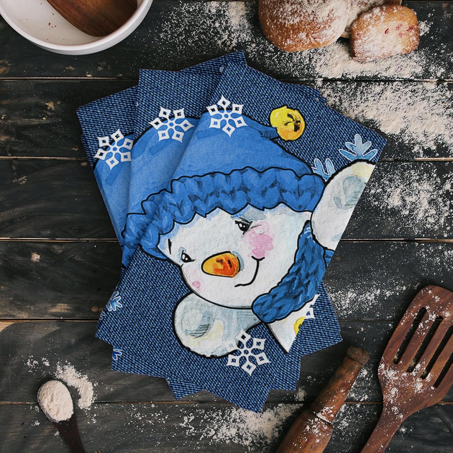 ZOE GARDEN Christmas Blue Microfiber Kitchen Towels Snowman Plaid Quick Dry Machine Washable