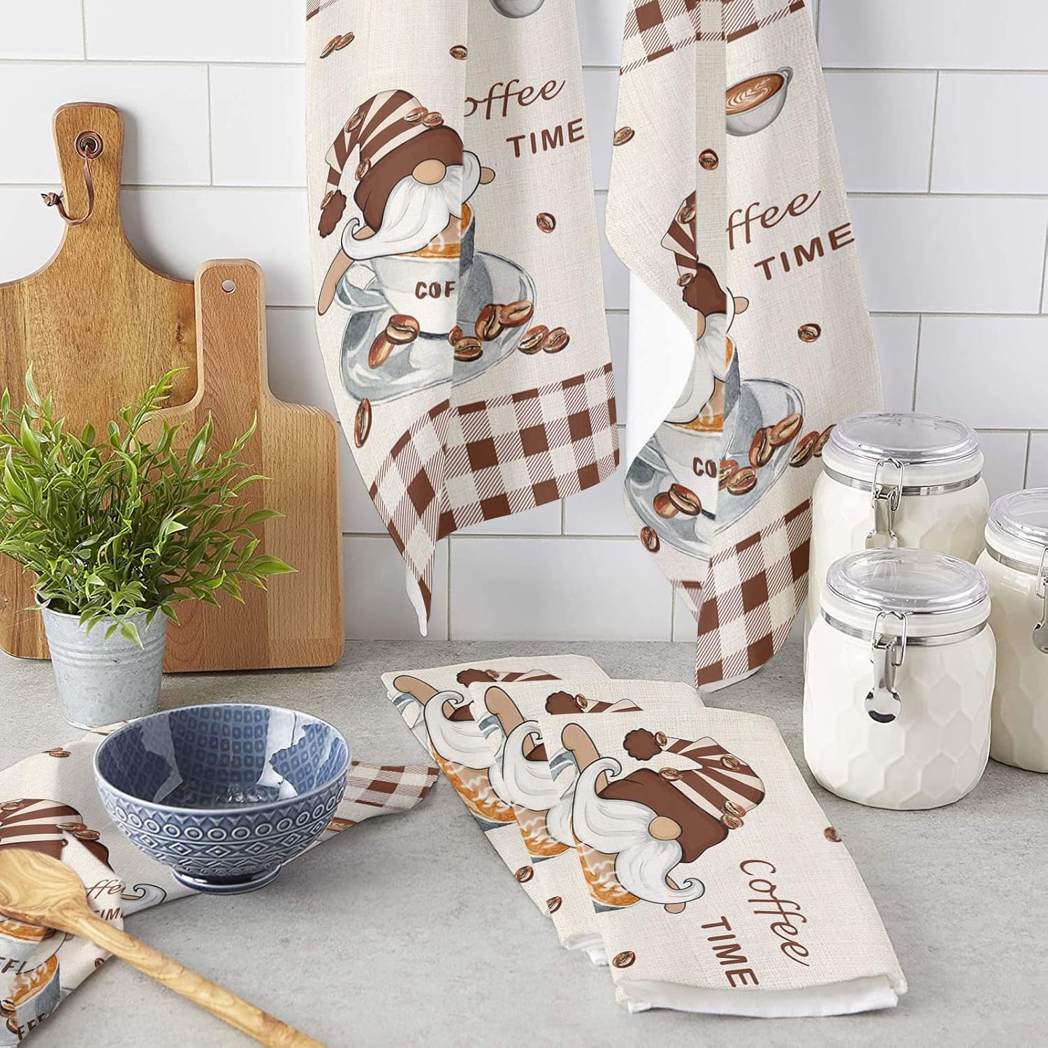 Professionally Designed ZOE GARDEN Coffee Gnomes Kitchen Towels Durable Washable