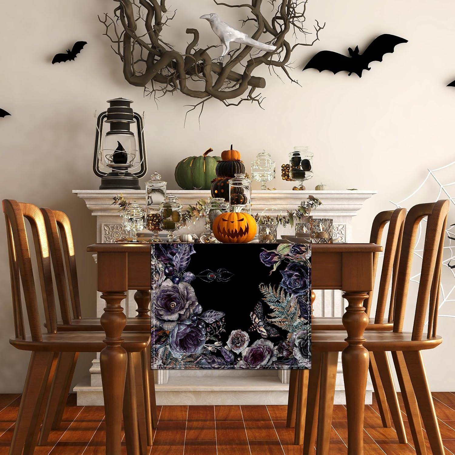 Rvsticty Halloween Table Runner Creative Skull Roses Tablecloth for Home Kitchen