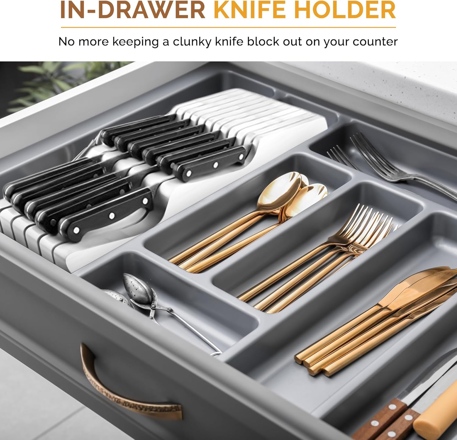 Bambsi Drawer Knife Block Organizer - 5 Large 6 Small Knife Holder
