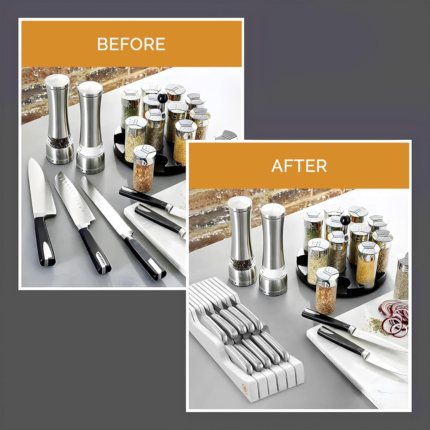 Bambsi Drawer Knife Block Organizer - 5 Large 6 Small Knife Holder