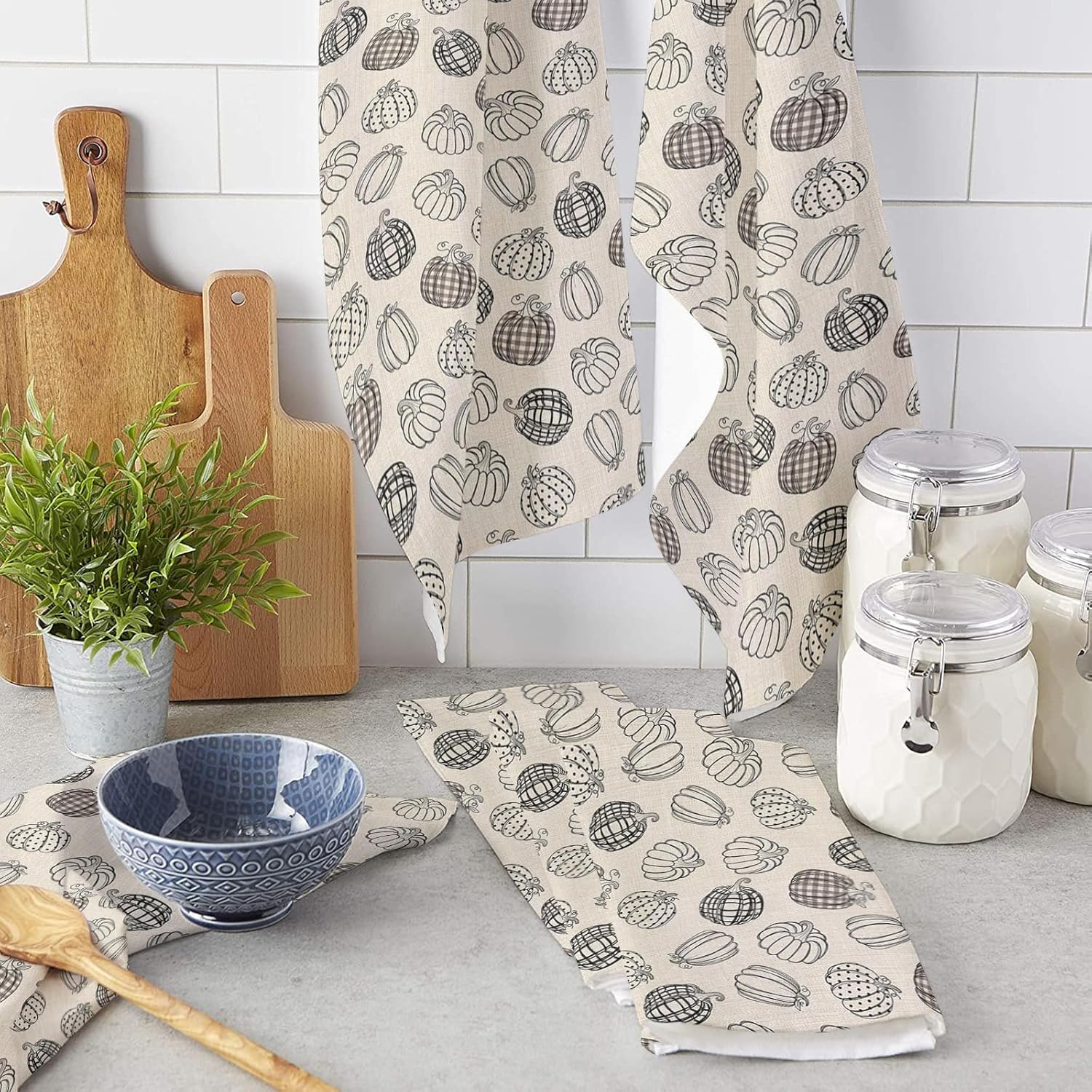 Thanksgiving Bohemia Kitchen Towels Black Dot Plaid Pumpkins 18x28 Dish Towels Dish Cloths