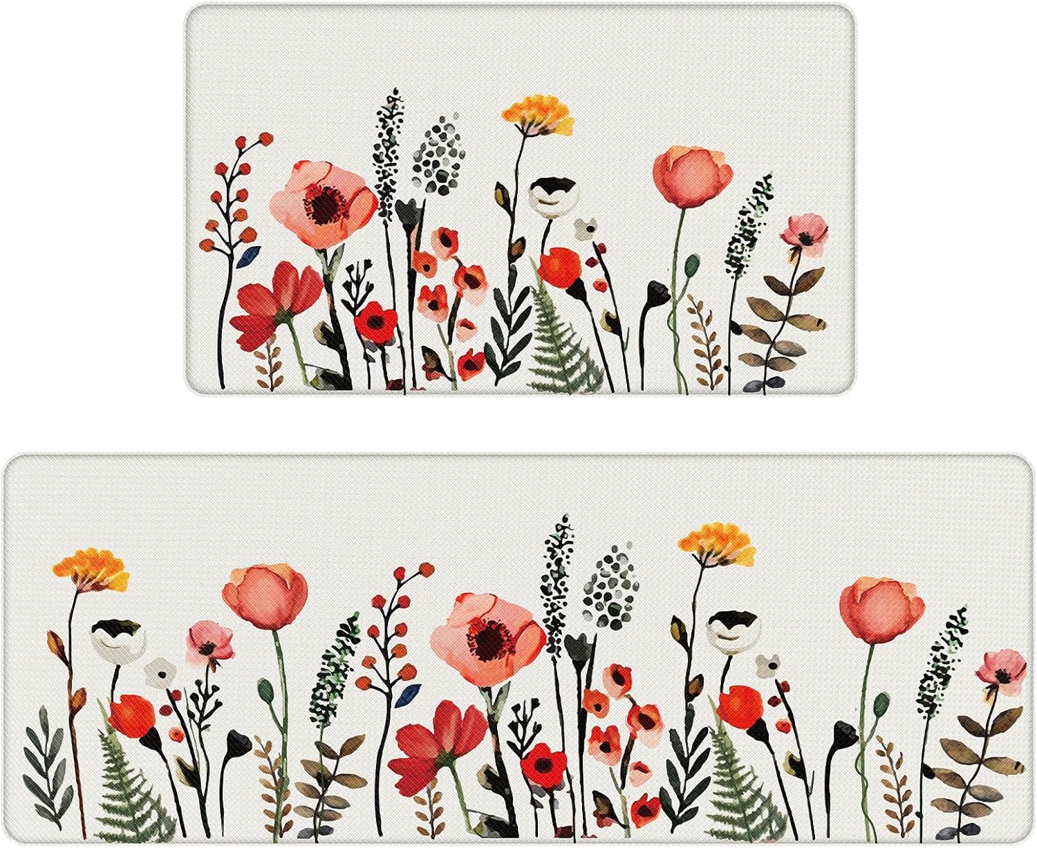 Colorful Flower Fern Kitchen Rugs Set