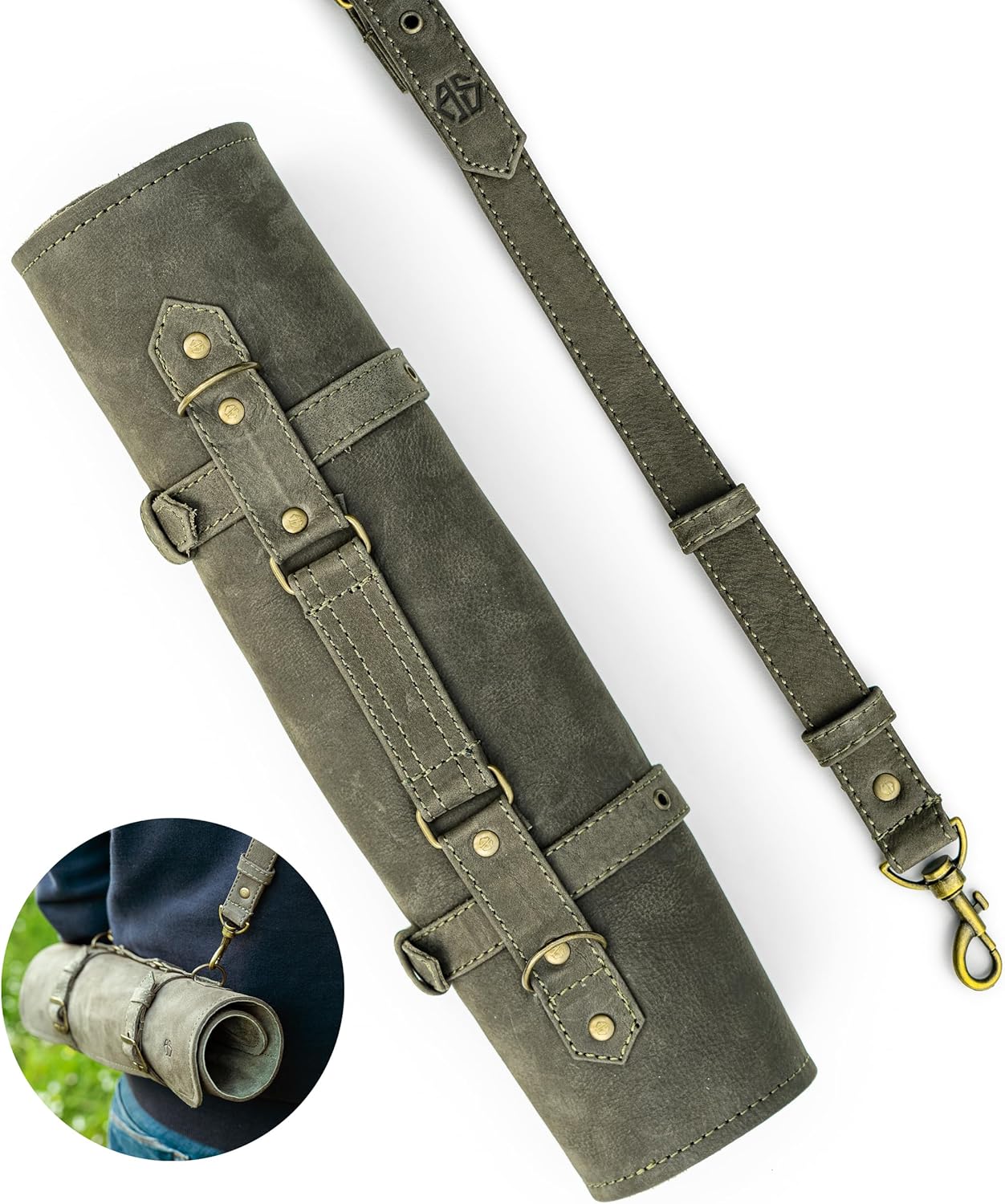 High-Quality Leather Knife Roll Bag for Chefs Olive-Green