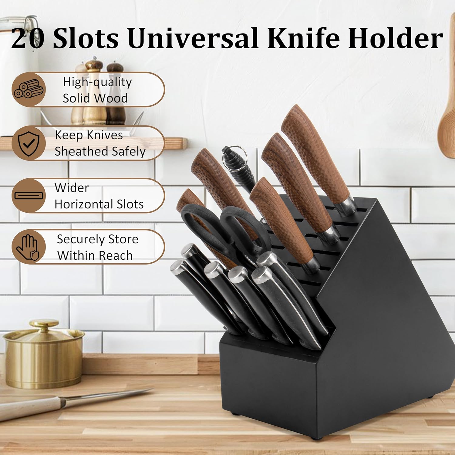 20 Slot Acacia Wood Kitchen Knife Block Organizer