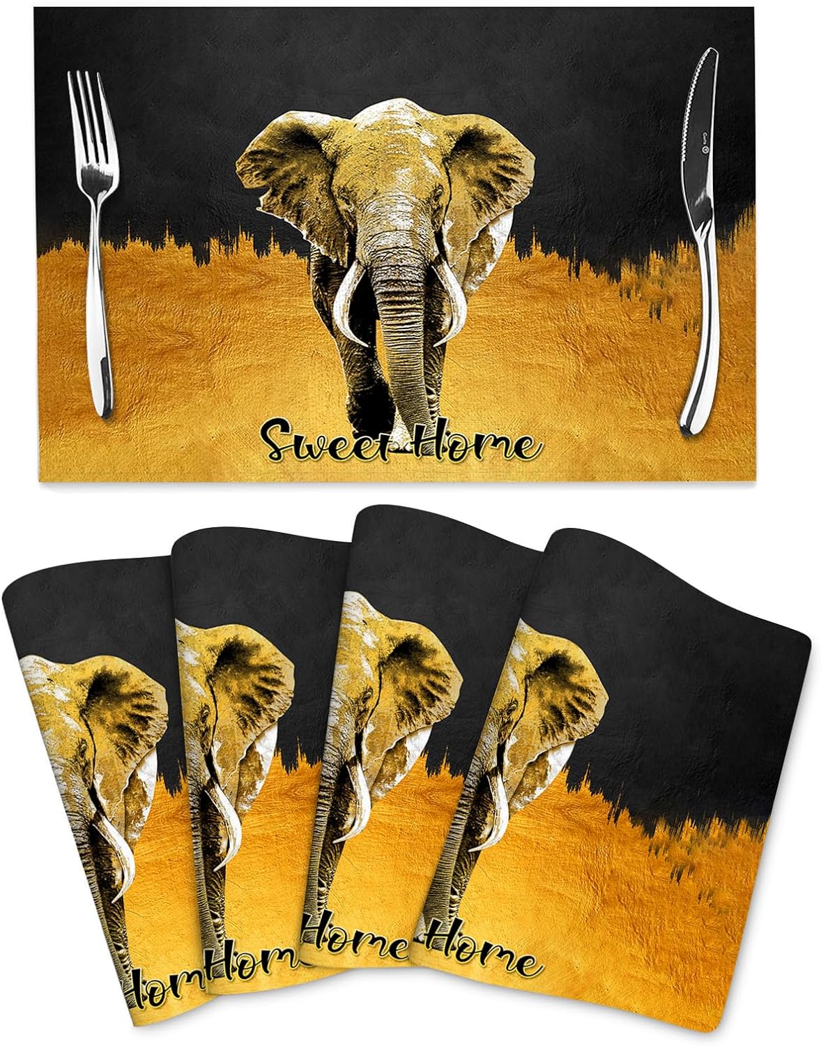 Elephant Placemats Set of 4 Black Gold Table Mats