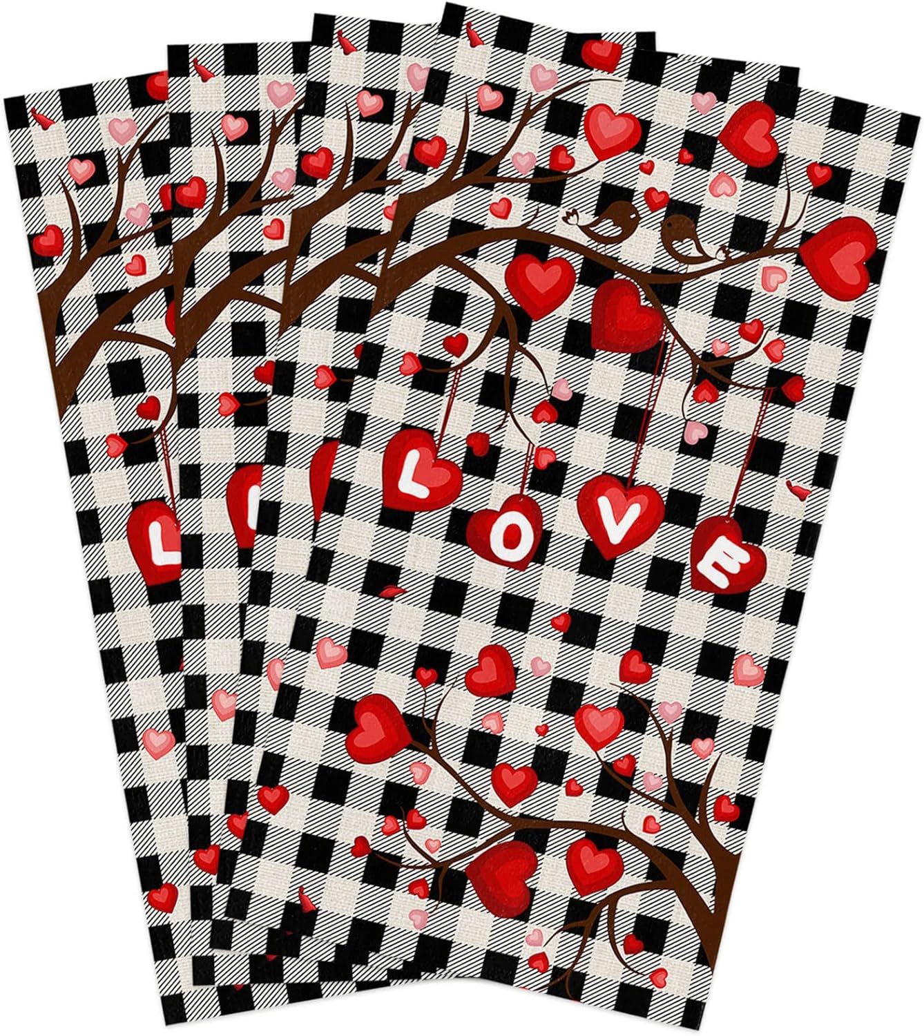 Love-Tree Plaid Kitchen Towels - Saint Valentines Day Design - 4 x 18x28 inch