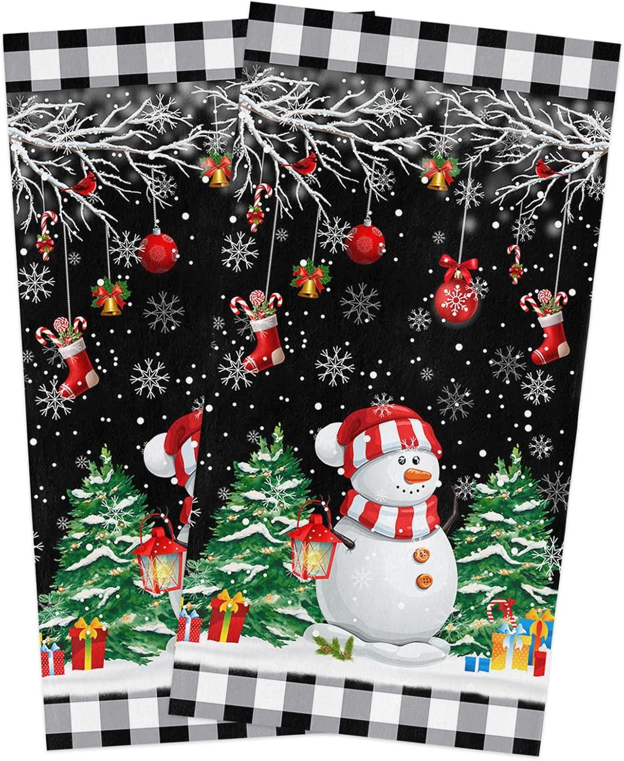 ZOE GARDEN Christmas Plaid Kitchen Towels 2-Pack Black Snowman Pine Tree Branch