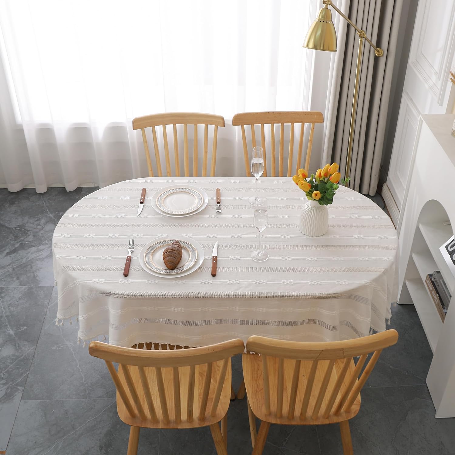 Gernaice Rustic Stripe Embroidered Oval Tablecloth 53x70 Inch