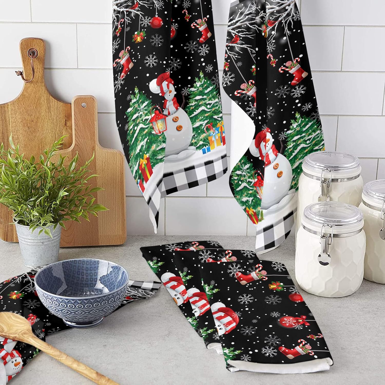 ZOE GARDEN Christmas Plaid Kitchen Towels 2-Pack Black Snowman Pine Tree Branch