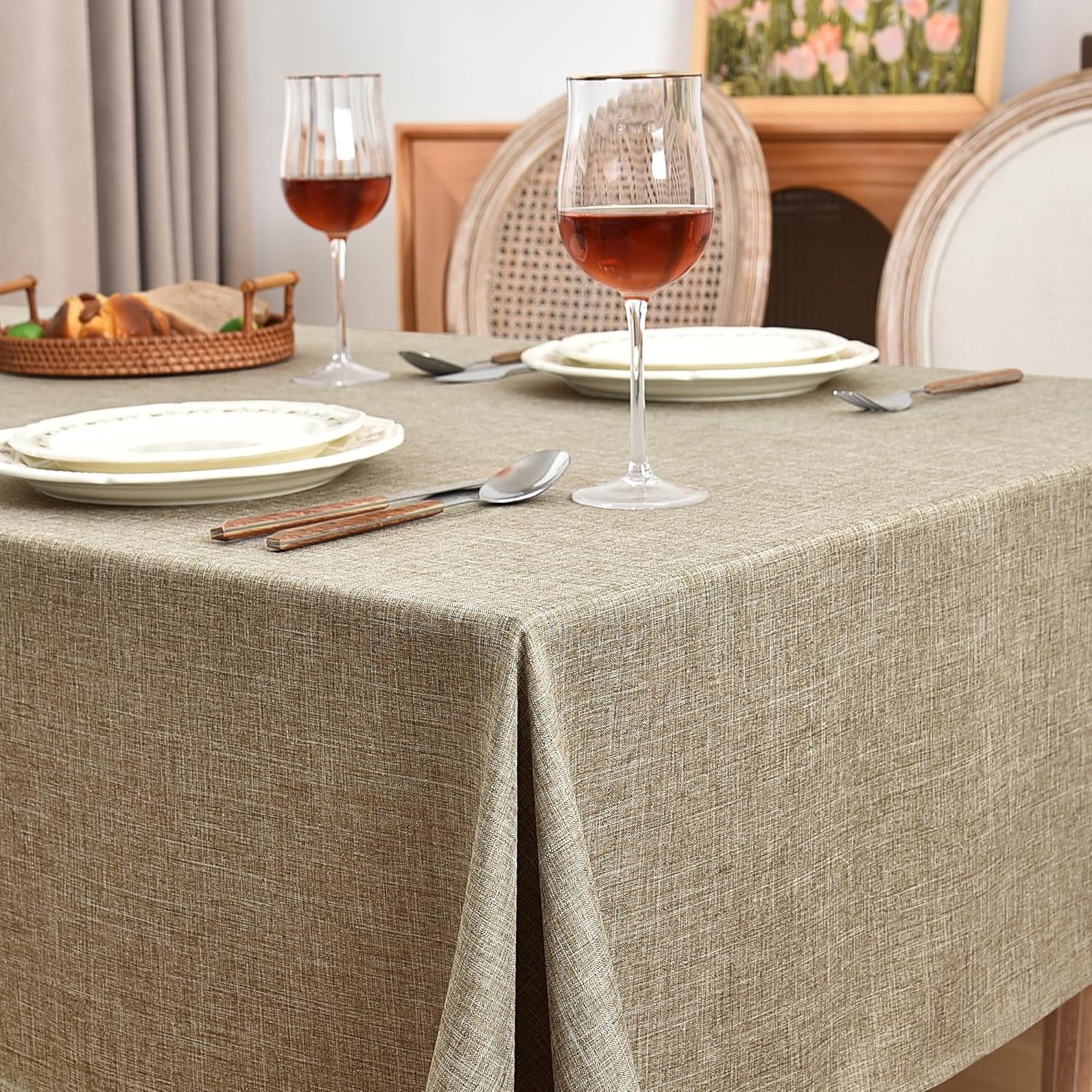 Fitable Faux Linen Table Clothes 60x84 Inch - 2 Pack Khaki Tablecloths