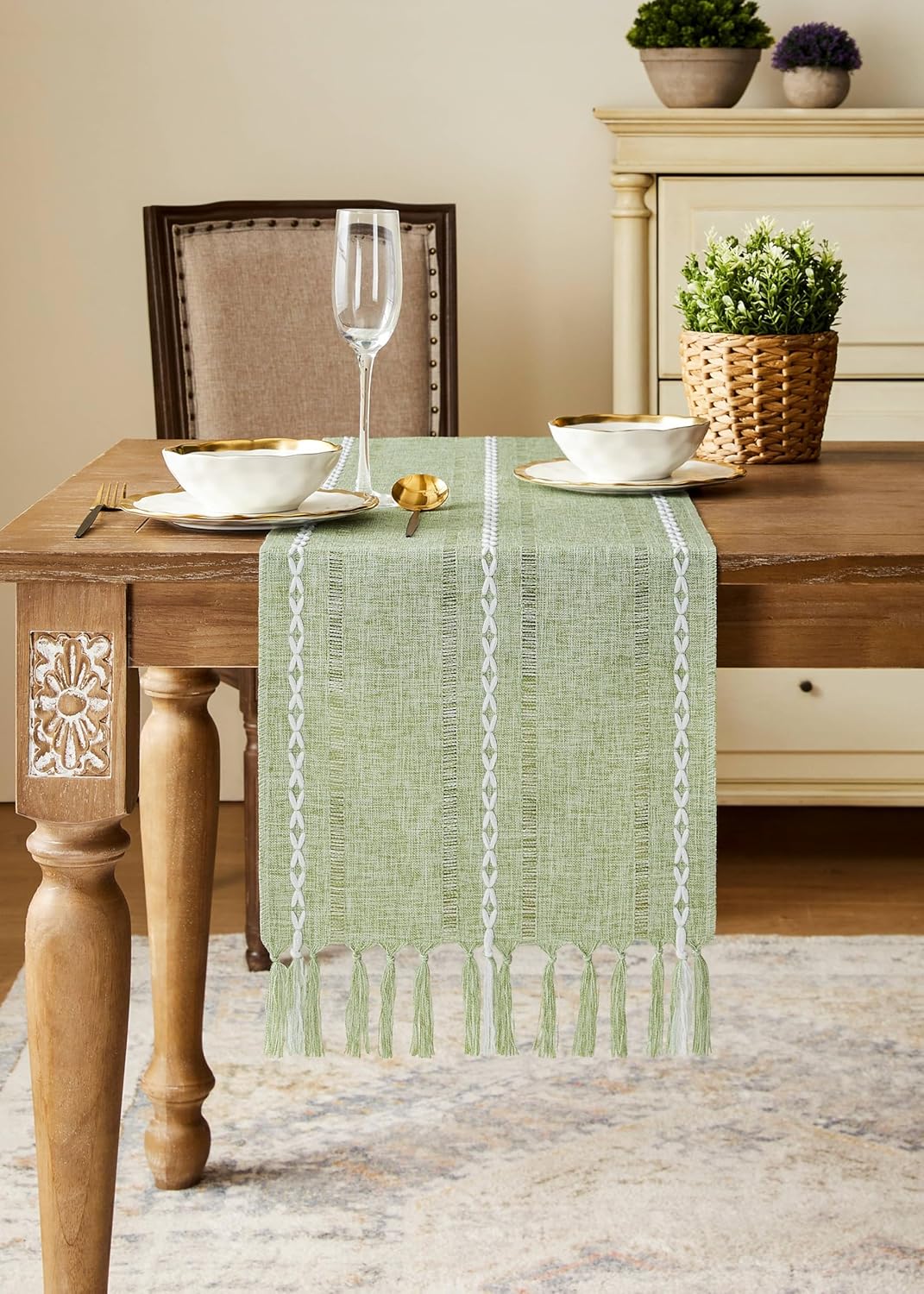 Hemstitch Farmhouse Table Runner Sage Green