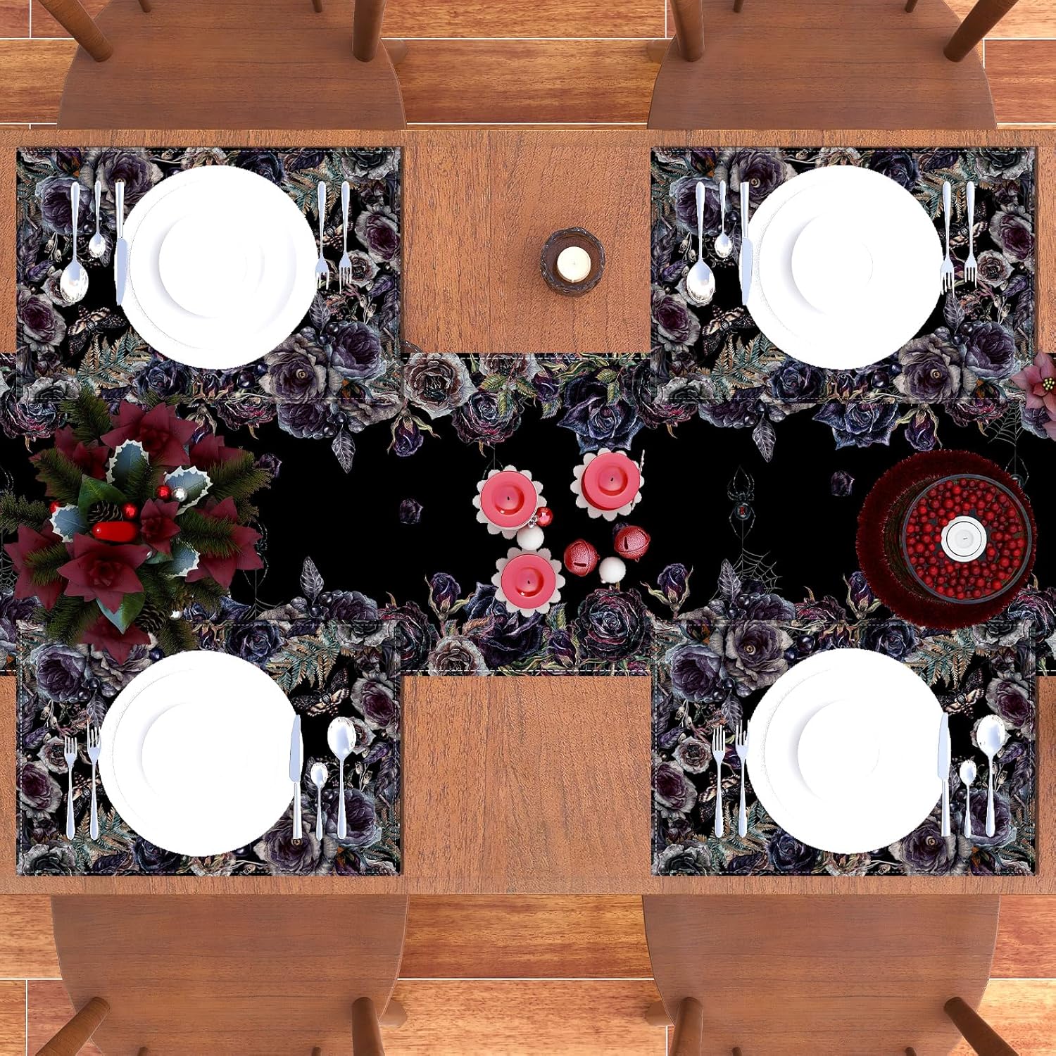Rvsticty Halloween Table Runner Creative Skull Roses Tablecloth for Home Kitchen