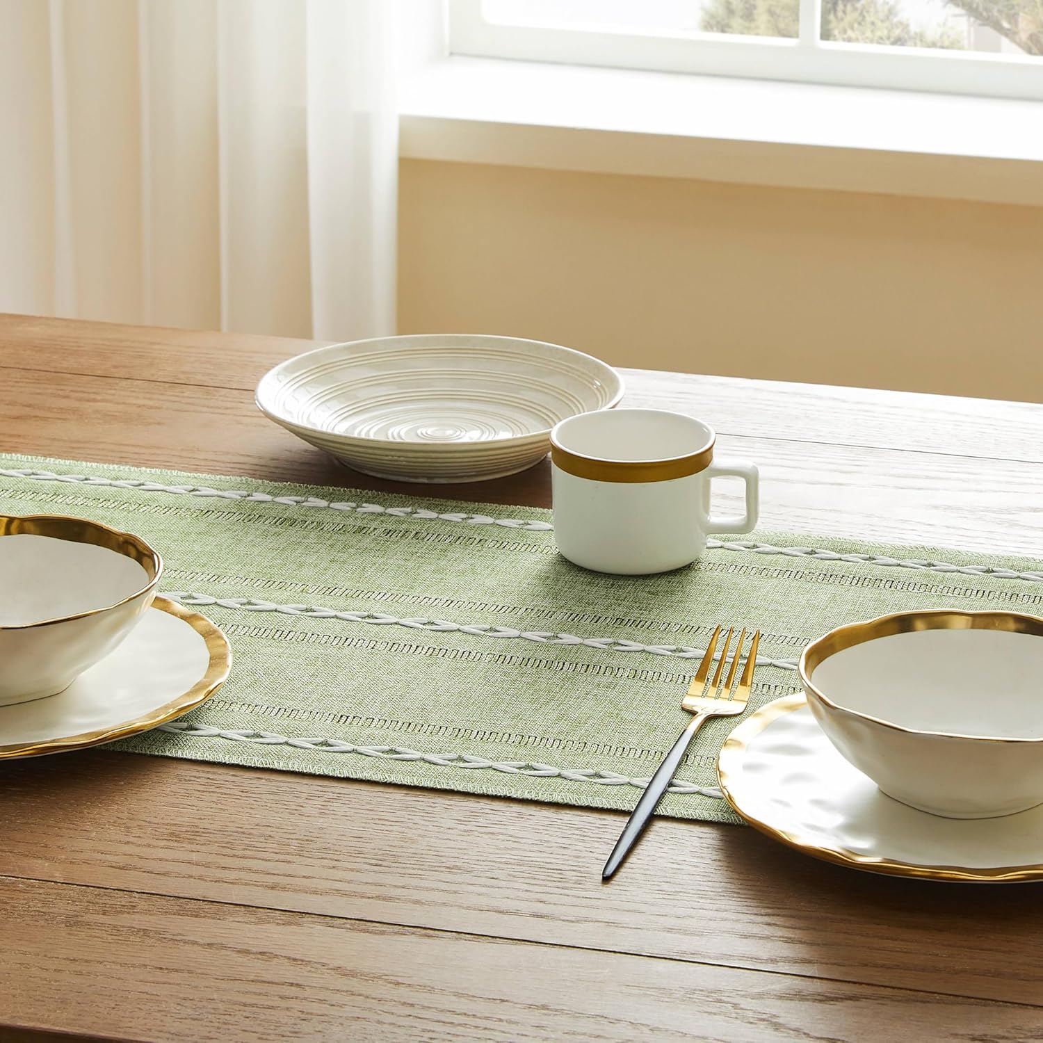 Hemstitch Farmhouse Table Runner Sage Green