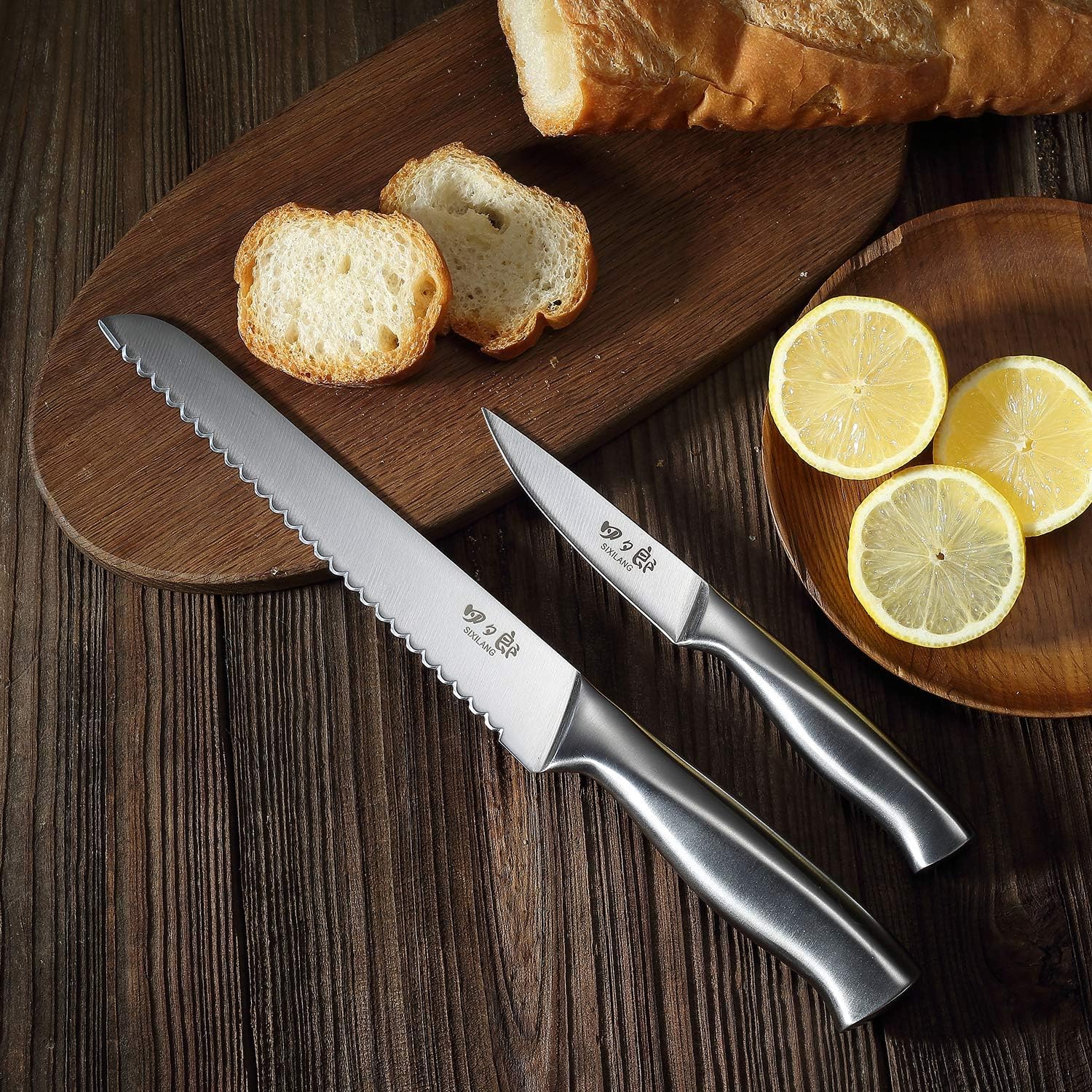 SIXILANG 8-Piece Knife Set with Oak Block and Sharpener