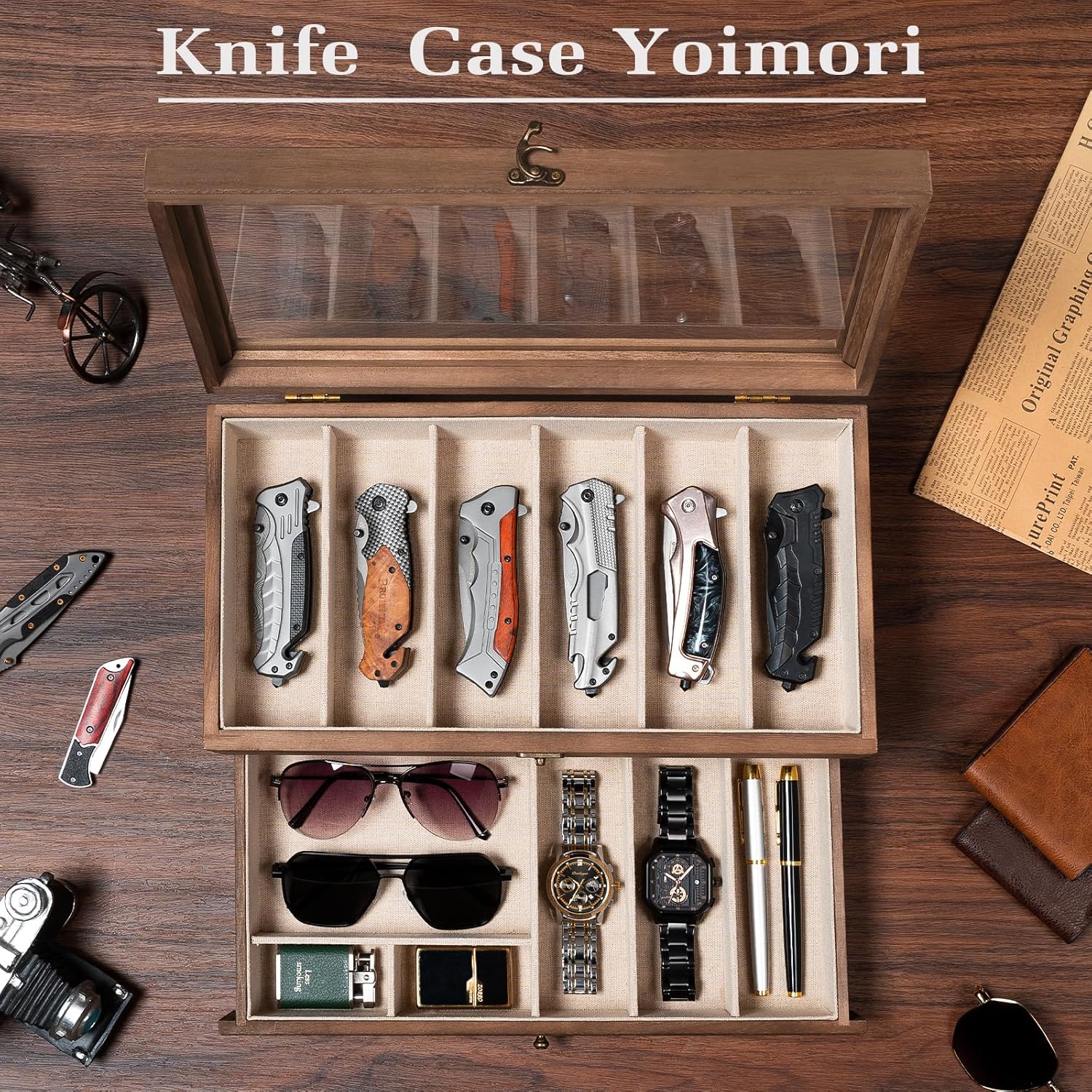 Beautiful Wooden Knife Display Case with 9 Knives