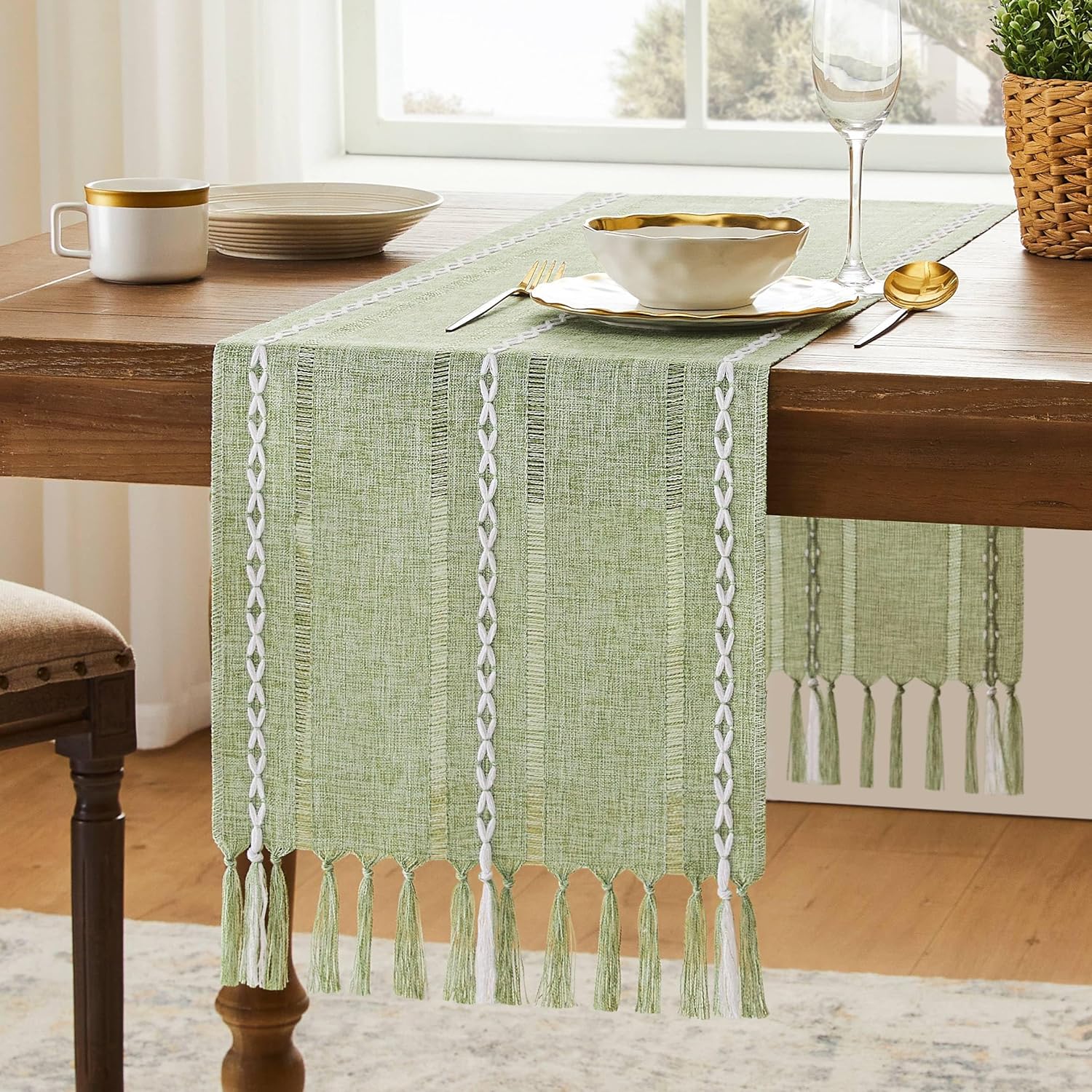 Hemstitch Farmhouse Table Runner Sage Green