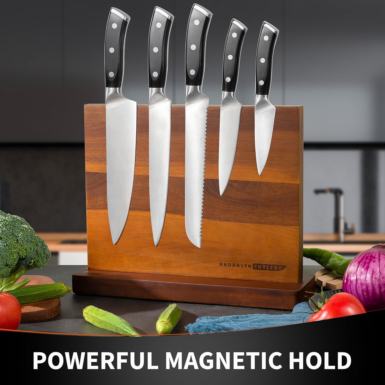 12-Piece Magnetic Acacia Wood Knife Block Durable Kitchen Gadget with 10 Knives