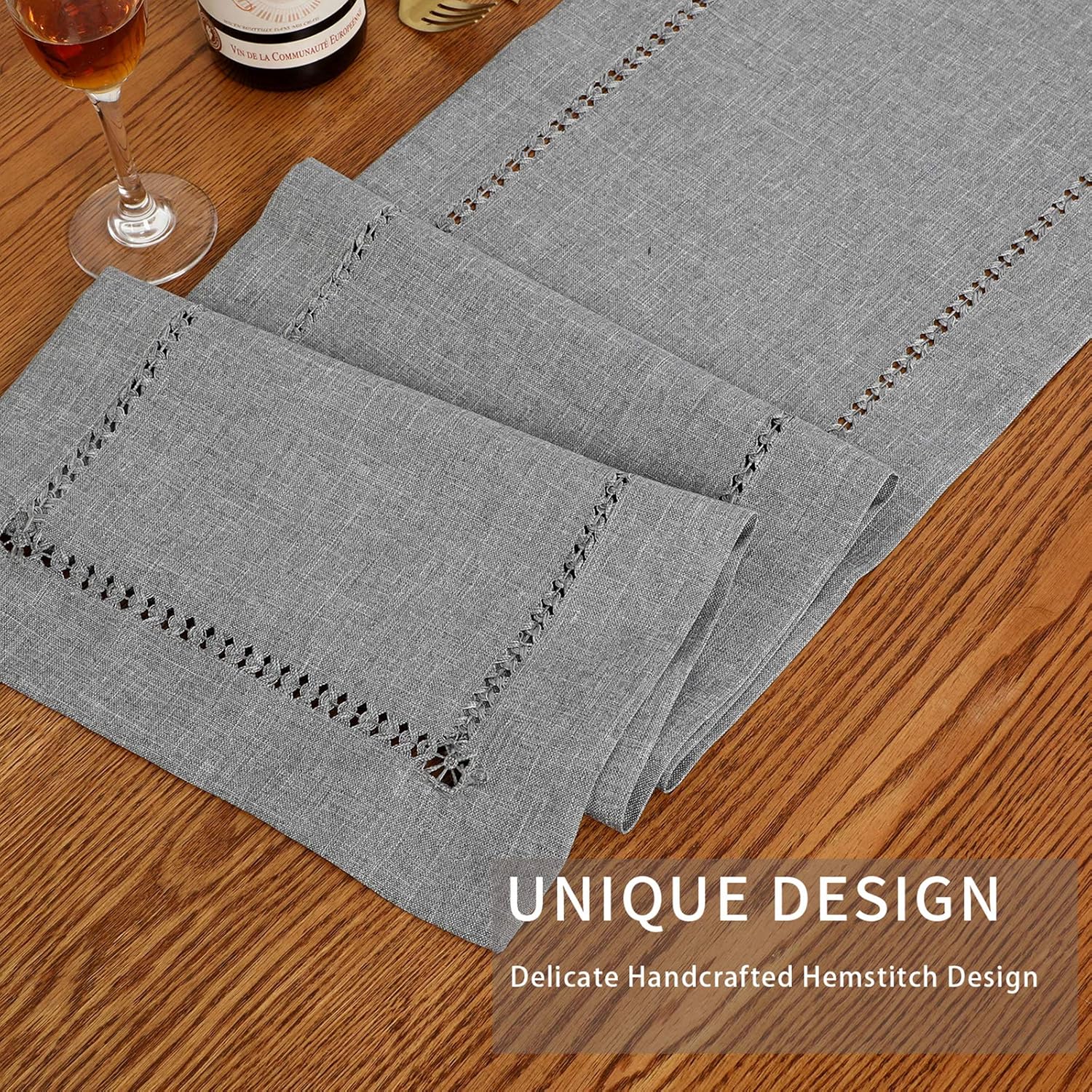 Tosewever Hemstitch Linen Table Runner Farmhouse Style Grey 14x72 Inches