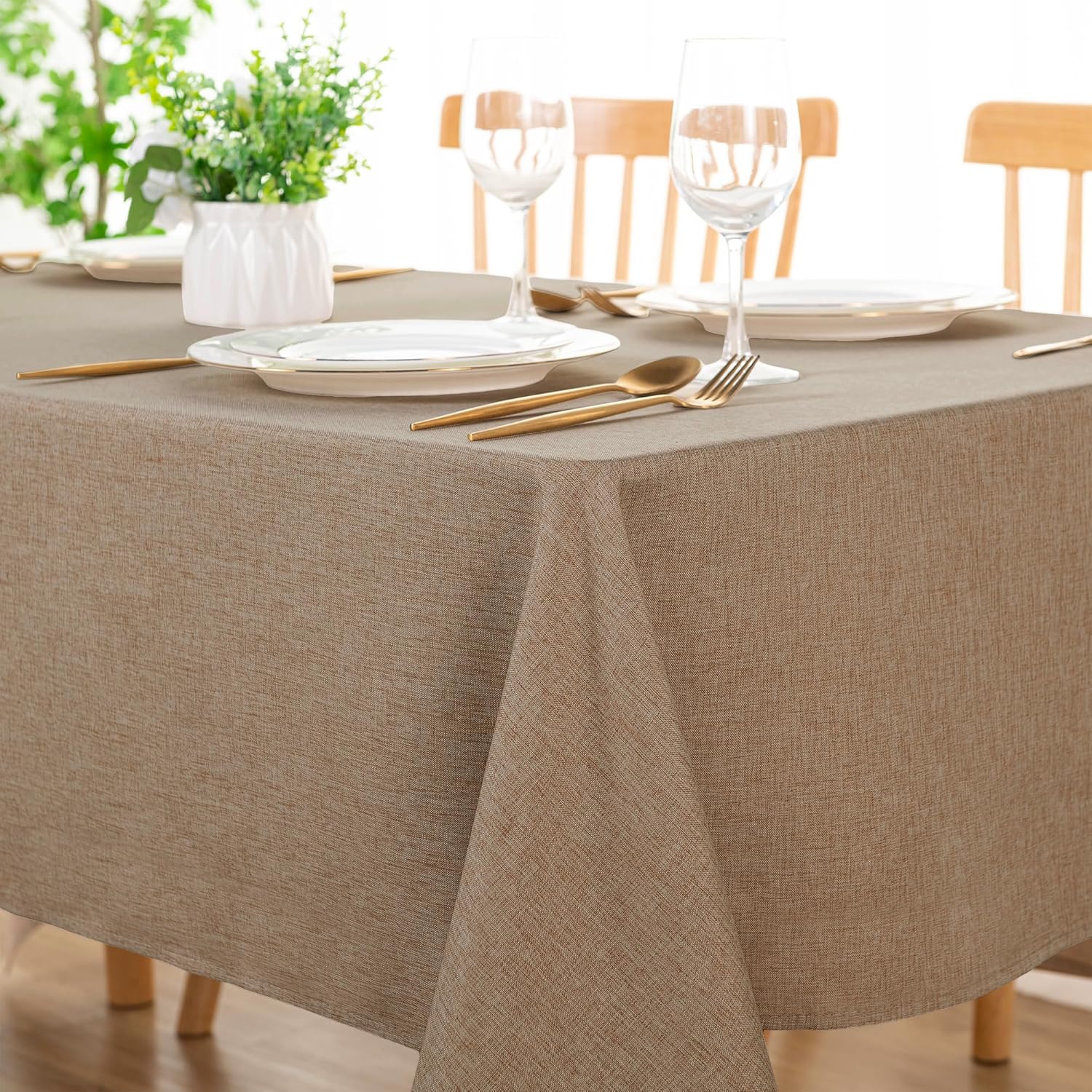 DWCN Rectangle Faux Linen Tablecloth - 60x84 Inch Khaki 1
