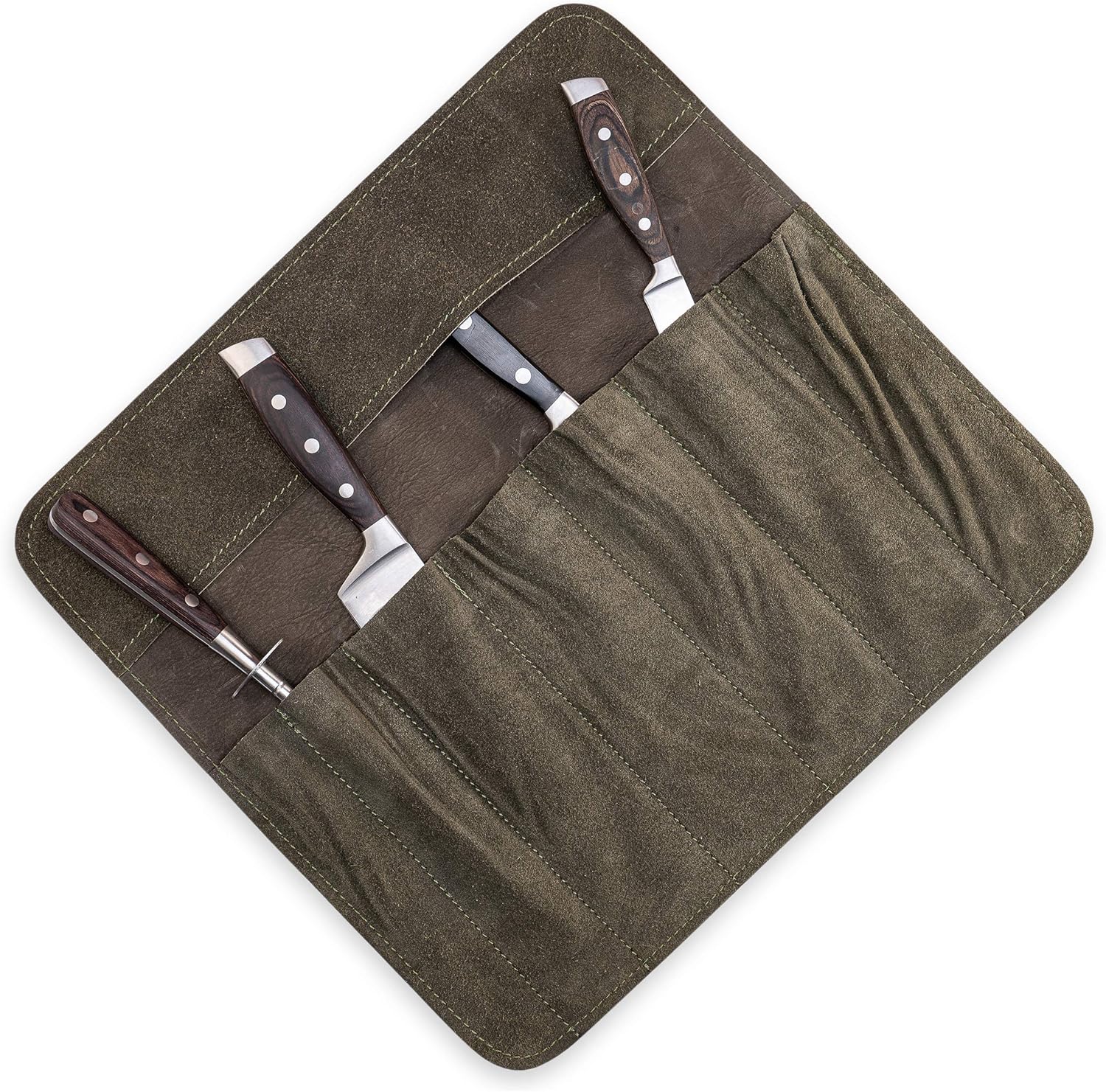 High-Quality Leather Knife Roll Bag for Chefs Olive-Green