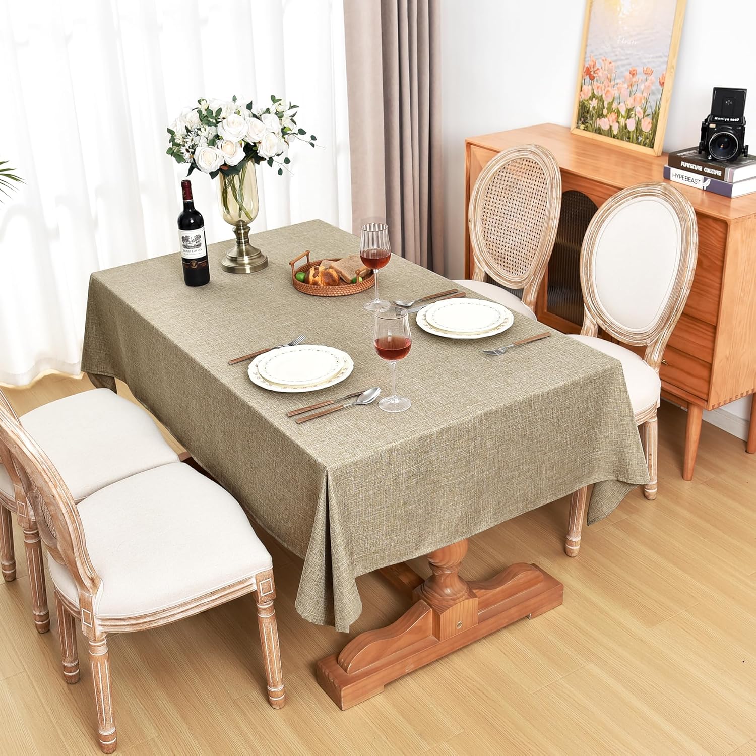 Fitable Faux Linen Table Clothes 60x84 Inch - 2 Pack Khaki Tablecloths