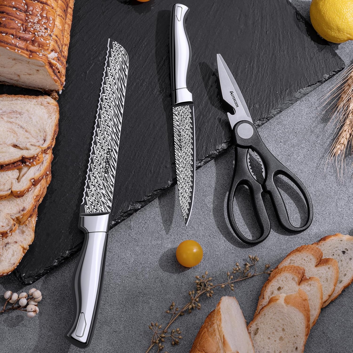 AsterCook Premium German Stainless Steel 15-Piece Knife Set with Built-In Sharpener