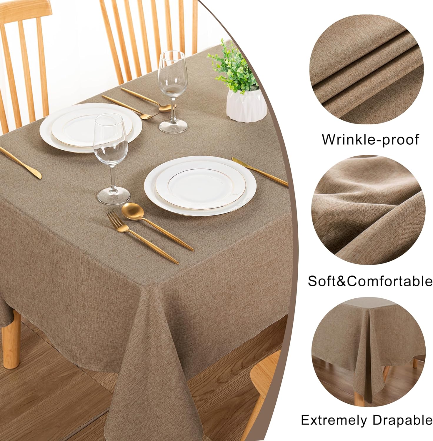 DWCN Rectangle Faux Linen Tablecloth - 60x84 Inch Khaki 1