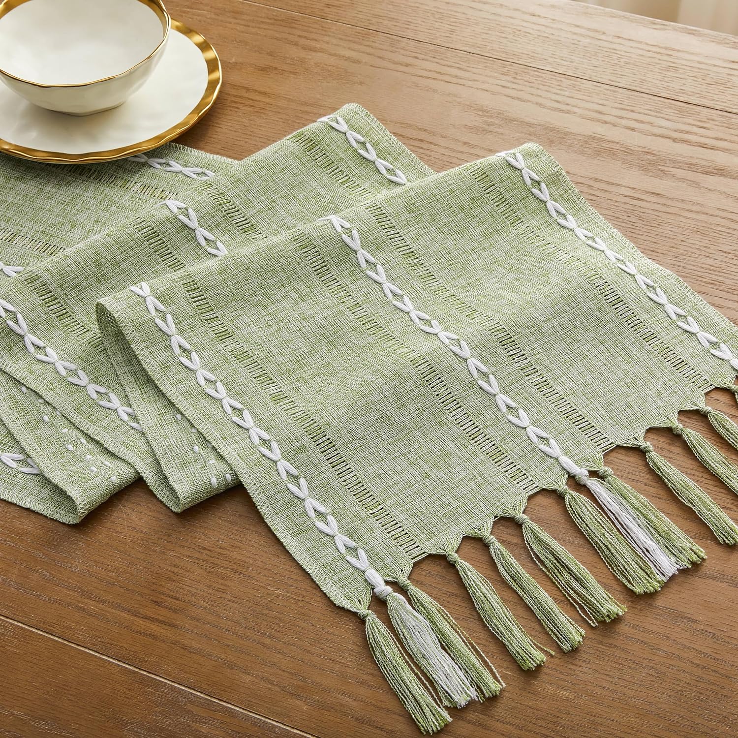 Hemstitch Farmhouse Table Runner Sage Green